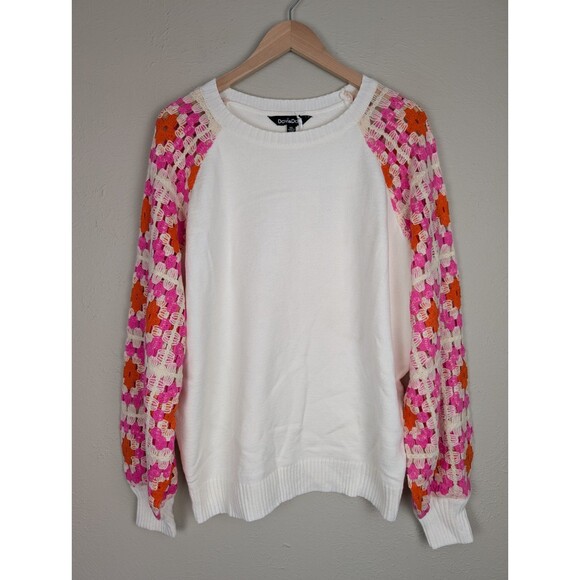 Davi & Dani Womens Granny Square Crochet Sweater 1XL XL 1X White Pink Orange - Picture 7 of 14